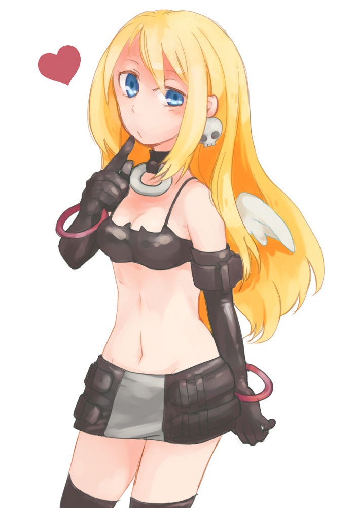 1girl, bare_shoulders, blonde_hair, blue_eyes, bracelet, choker, cosplay, disgaea, earrings, etna, etna_(cosplay), flonne, heart, jewelry, kaeruco, long_hair, midriff, navel, skirt, skull, small_breasts, solo, thighhighs, white_background