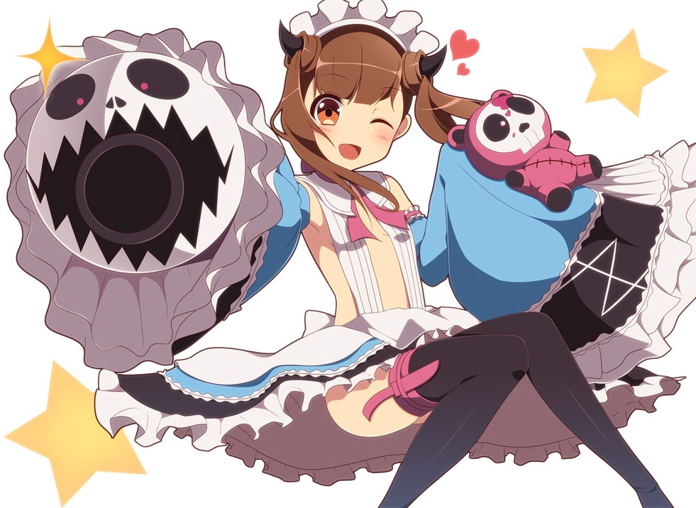 1girl, ;d, bare_shoulders, black_legwear, brown_eyes, brown_hair, chibi_arisu, detached_sleeves