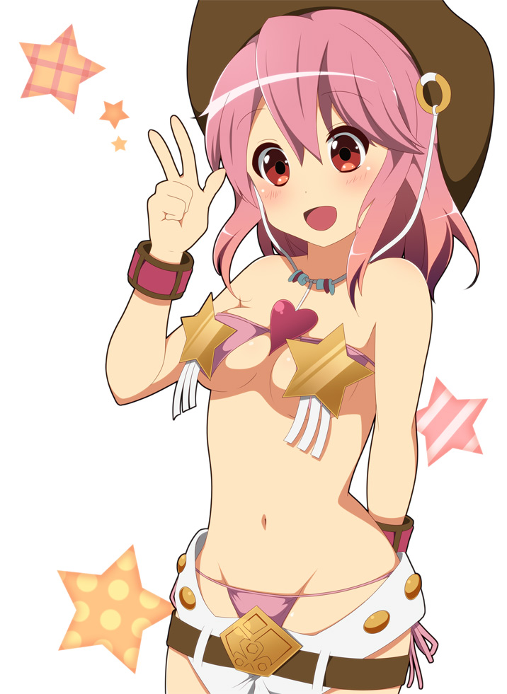 1girl, :d, alternate_costume, arm_behind_back, belt, bikini, bikini_top, blush