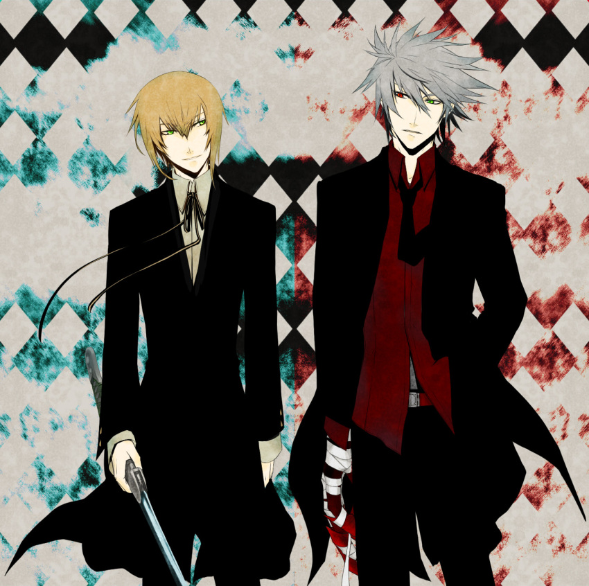 2boys, bandages, blazblue, blonde_hair, checkered, checkered_background, claws, devoured_by_darkness