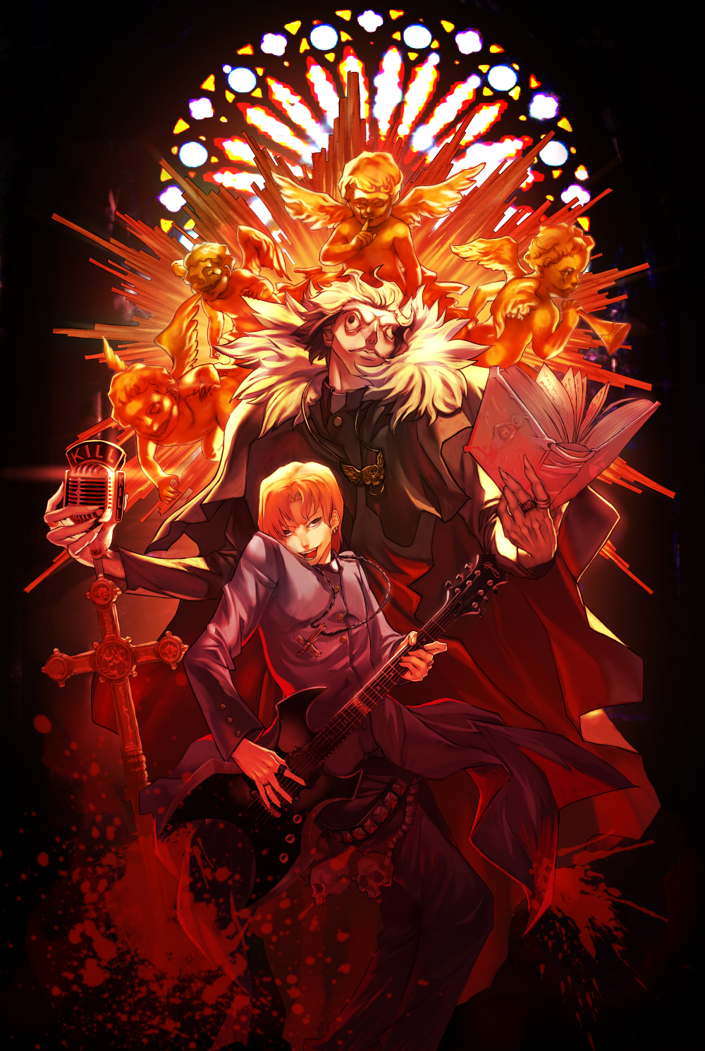 2boys, book, caster_(fate/zero), cherub, cross, cross_necklace, fate/zero, fate_(series)