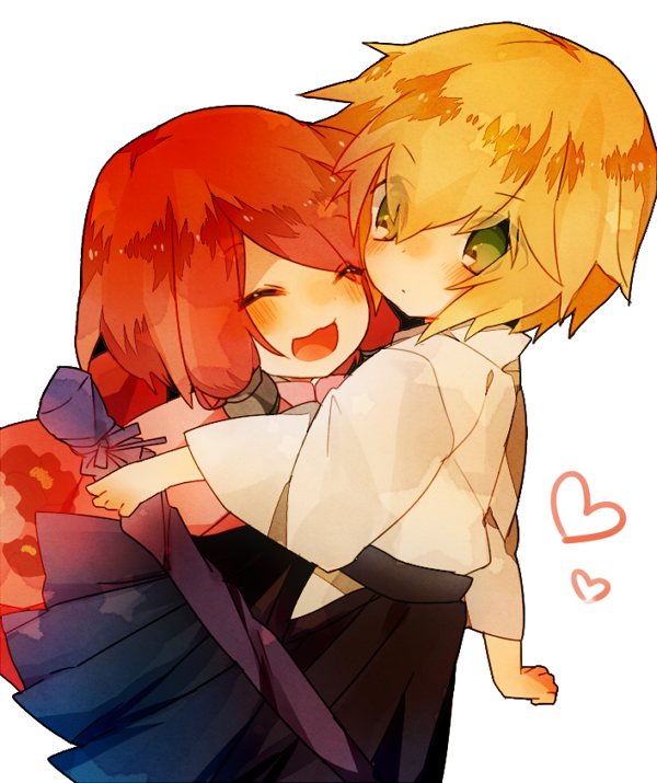 1boy, 1girl, blazblue, blonde_hair, blush, child, closed_eyes, green_eyes