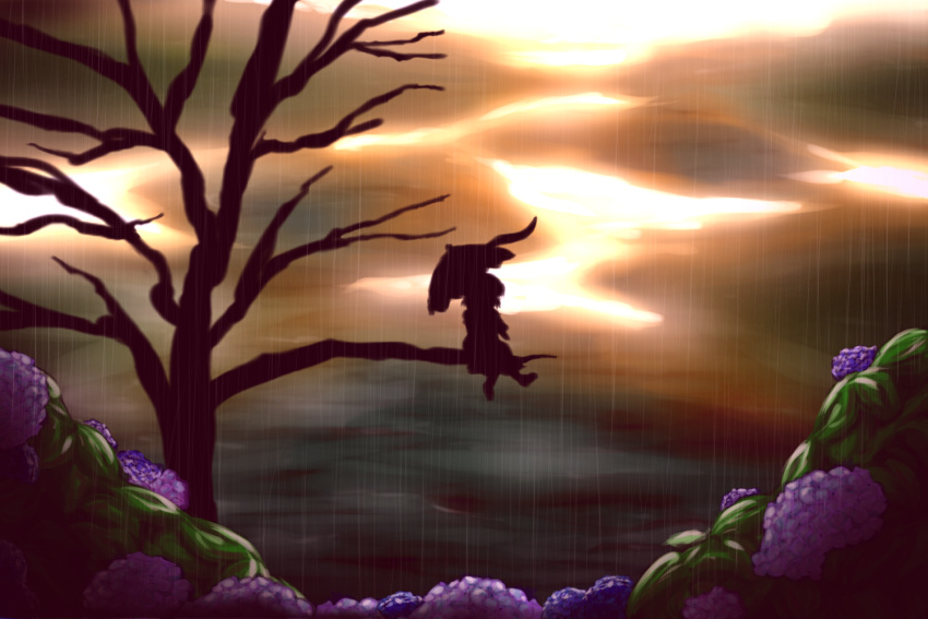 1girl, bare_tree, cloudy_sky, flower, hydrangea, in_tree, juurouta_(pixiv3673286), rain