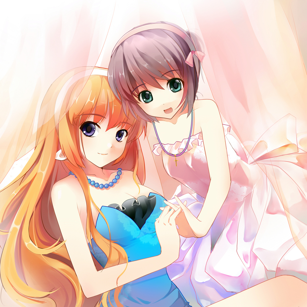 aqua_eyes, blonde_hair, blue_eyes, dress, hairband, hand_holding, holding_hands, jewelry, multiple_girls, necklace, purple_hair, sheska_xue, smile, youth-bloom, yuri