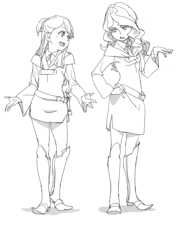 akko_kagari, boots, diana_cavendish, full_body, knee_boots, lineart, little_witch_academia, long_hair