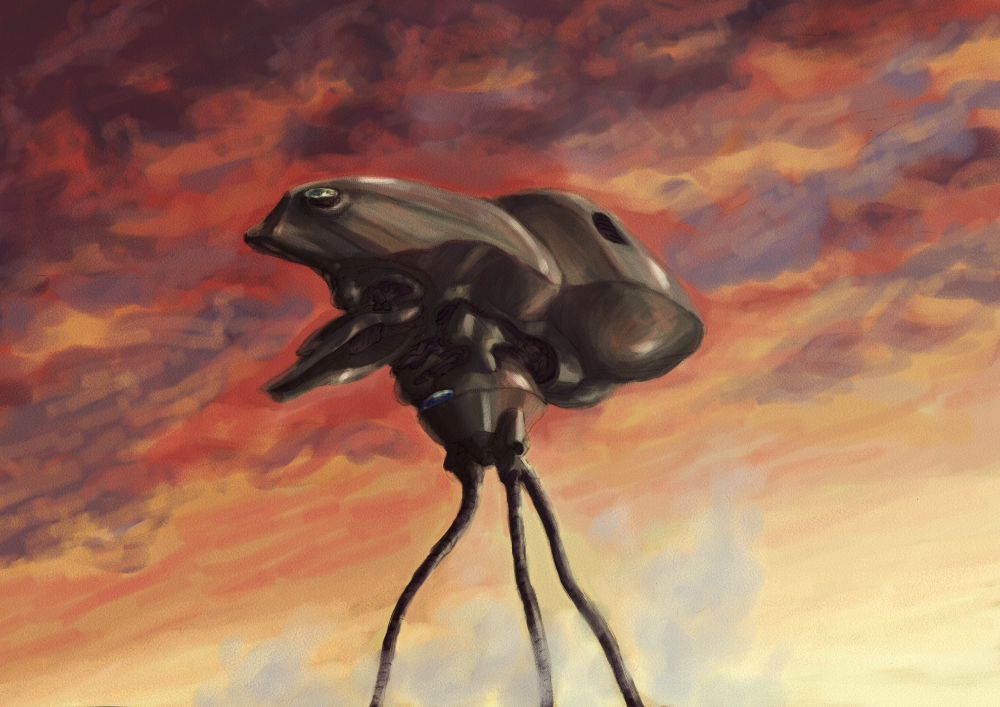 alien, clouds, dusk, mecha, realistic, science_fiction, tripod_(mecha), vaison