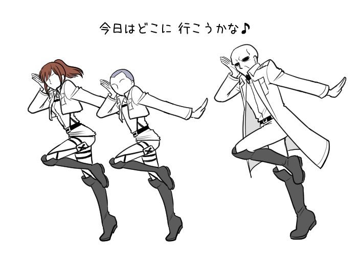 1boy, 1girl, brown_hair, conny_springer, jacket, keith_shadis, ponytail, pose
