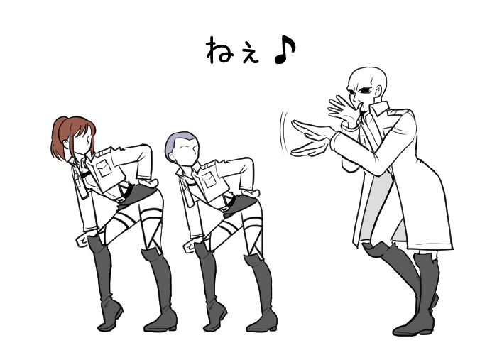 1boy, 1girl, brown_hair, conny_springer, jacket, keith_shadis, musical_note, ponytail