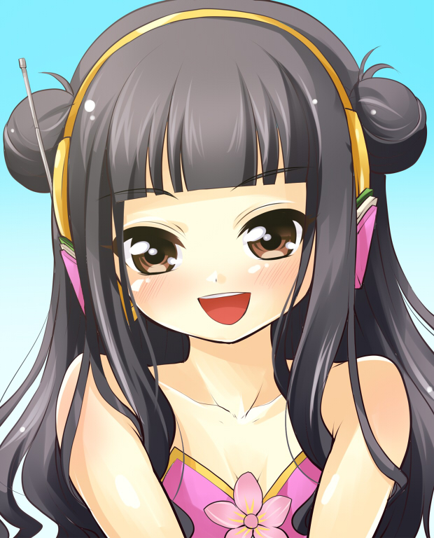 1girl, bare_shoulders, black_hair, blue_background, blush, brown_eyes, collarbone, double_bun