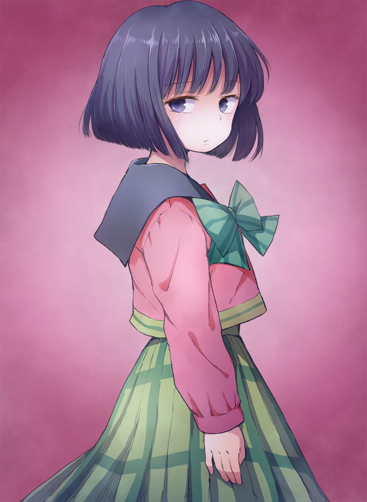 1girl, bishoujo_senshi_sailor_moon, black_hair, bow, dress, expressionless, looking_back, mochimomomo