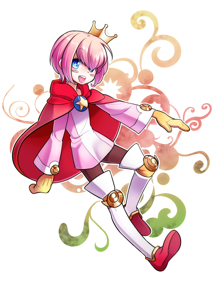 +_+, 1boy, :d, black_legwear, blue_eyes, blush_stickers, cape, crown, gloves, male, ocean_prince, open_mouth, pantyhose, pentacle, pink_hair, puyopuyo, salde_canarl_shellbrick_iii, shirt, smile, solo, thighhighs, tmk, white_legwear