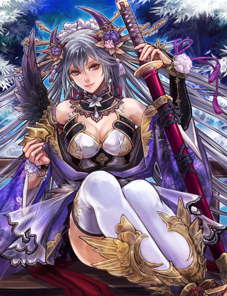 1girl, breasts, cleavage, long_hair, original, sengoku_taisen, shinomaru, silver_hair