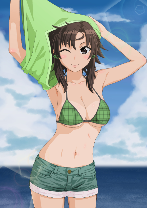 1girl, bikini, black_eyes, breasts, brown_hair, cleavage, clouds, collarbone
