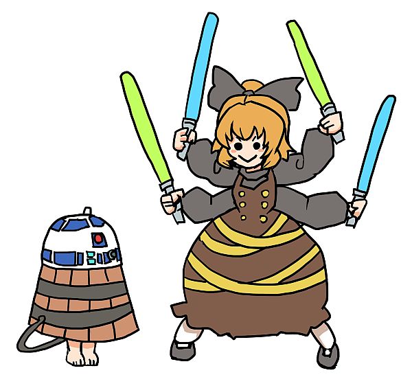 2girls, barefoot, blonde_hair, bow, brown_dress, bucket, dress, energy_sword