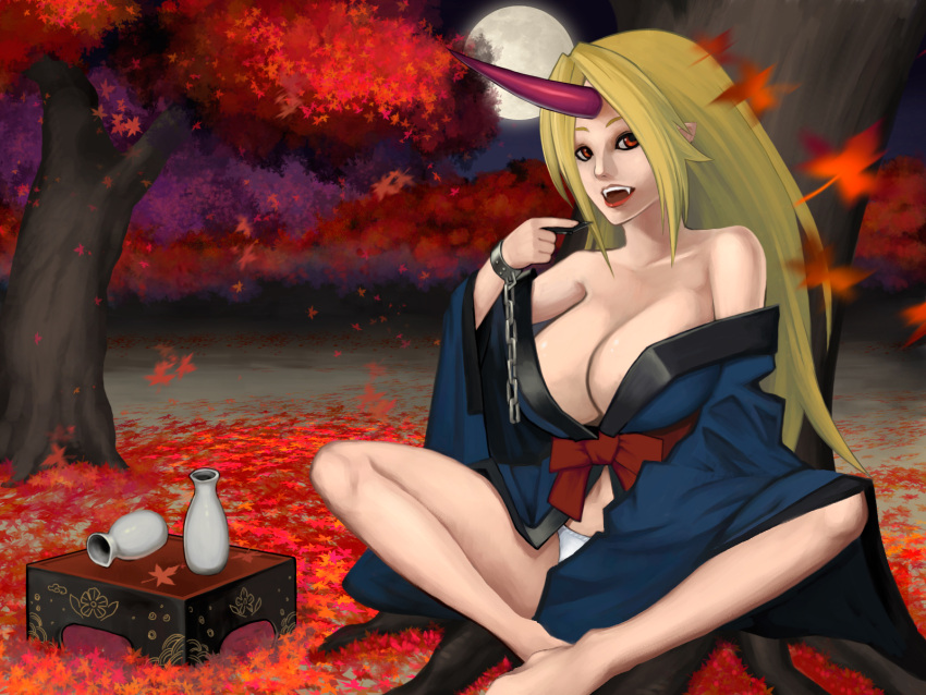 bad_id, barefoot, blonde_hair, breasts, cleavage, fangs, highres, horn