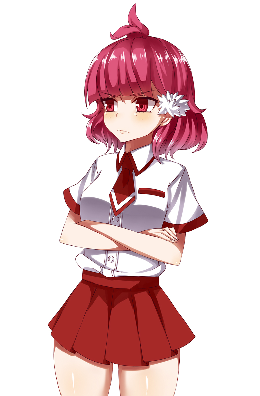 1girl, ahoge, blush, crossed_arms, enki_(dragonfire), flower, freckles, hair_flower