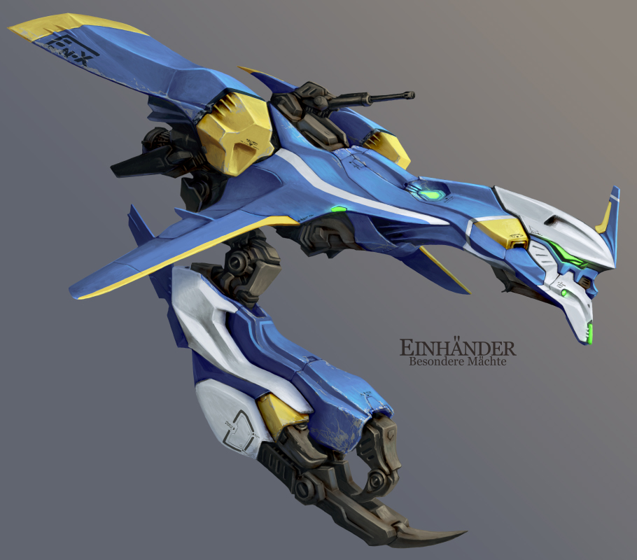 einhander, mecha, playstation, poripori_(pixiv), simple_background, solo, space_craft, starfighter