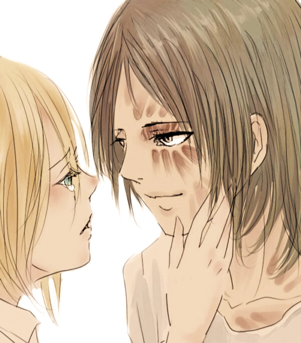 2girls, ajitsuke_nori, christa_renz, face, hair_down, hand_on_another's_face, looking_at_another, multiple_girls, scar, shingeki_no_kyojin, short_hair, tears, ymir_(shingeki_no_kyojin)