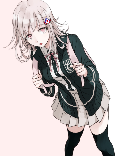1girl, backpack, bag, black_legwear, dangan_ronpa, flipped_hair, hair_ornament, hairclip