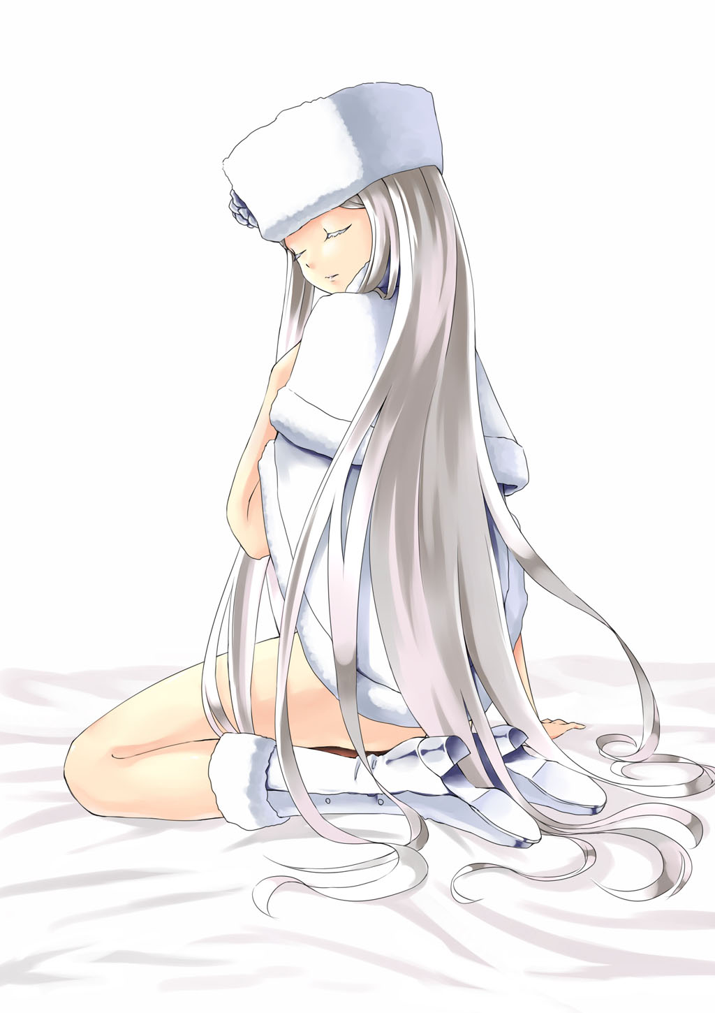 1girl, aoki_hagane_no_arpeggio, boots, closed_eyes, highres, kneeling, long_hair, looking_back