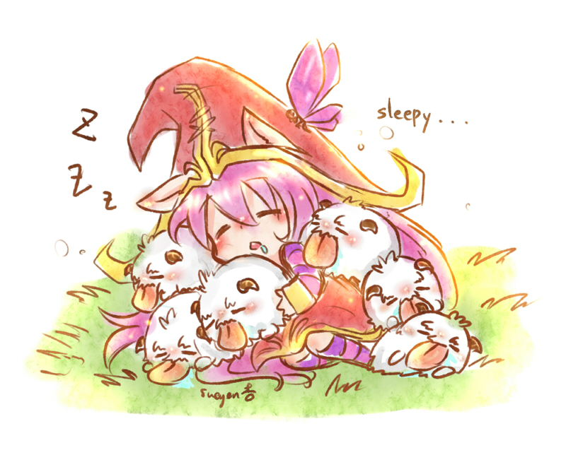 animal_ears, drooling, grass, hat, horns, league_of_legends, lulu_(league_of_legends), pix
