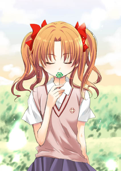 brown_hair, closed_eyes, clover, long_hair, miyamoto_yuu, school_uniform, shirai_kuroko, to_aru_kagaku_no_railgun, to_aru_majutsu_no_index, twintails