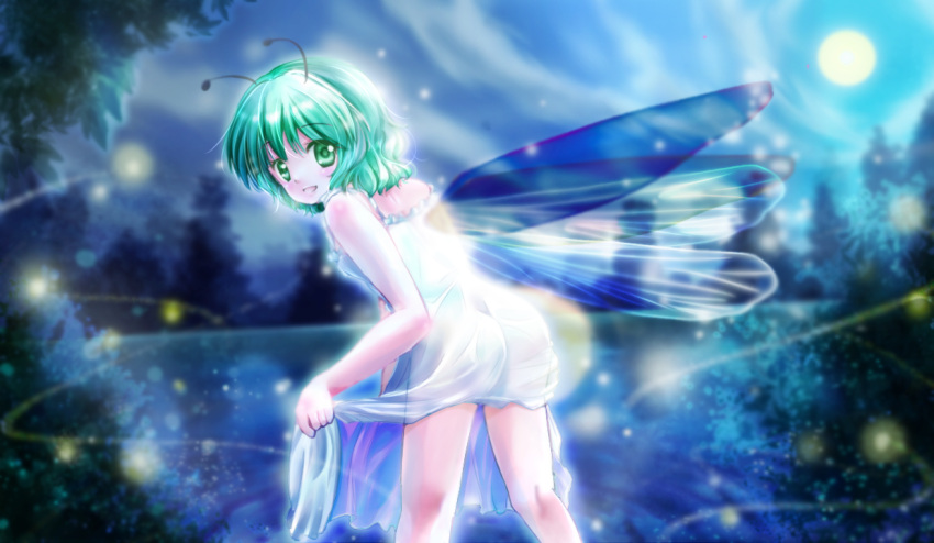 1girl, antennae, ass, chemise, fireflies, full_moon, green_eyes, green_hair