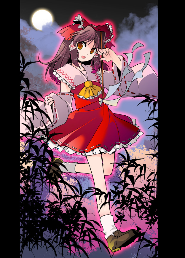 bow, brown_eyes, brown_hair, detached_sleeves, hair_bow, hakurei_reimu, moon, short_hair