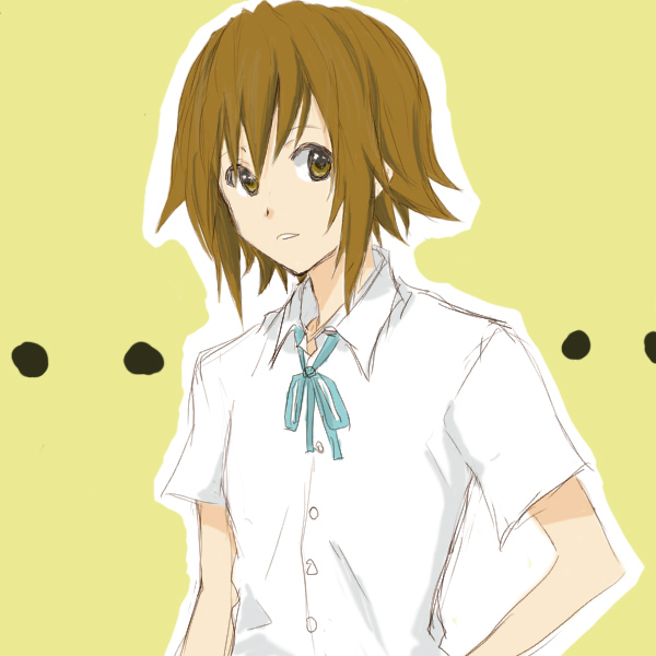 1girl, brown_eyes, brown_hair, gogono_pan'ya, k-on!, short_hair, simple_background, solo