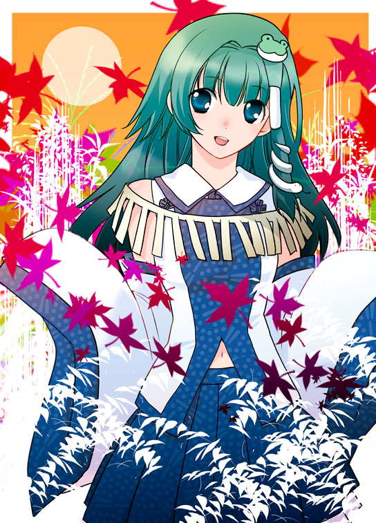 blue_eyes, detached_sleeves, frog, green_hair, hair_ornament, kochiya_sanae, leaf, leaves