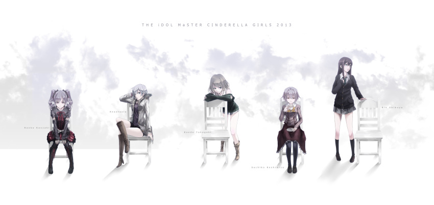 5girls, absurdres, anastasia_(idolmaster), aqua_eyes, belt, bow, brown_hair, chair