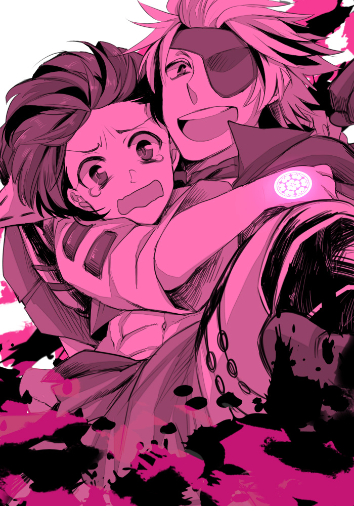 1boy, 1girl, 2boys, chousokabe_motochika_(sengoku_basara), command_spell, eyepatch, fate/zero, fate_(series)