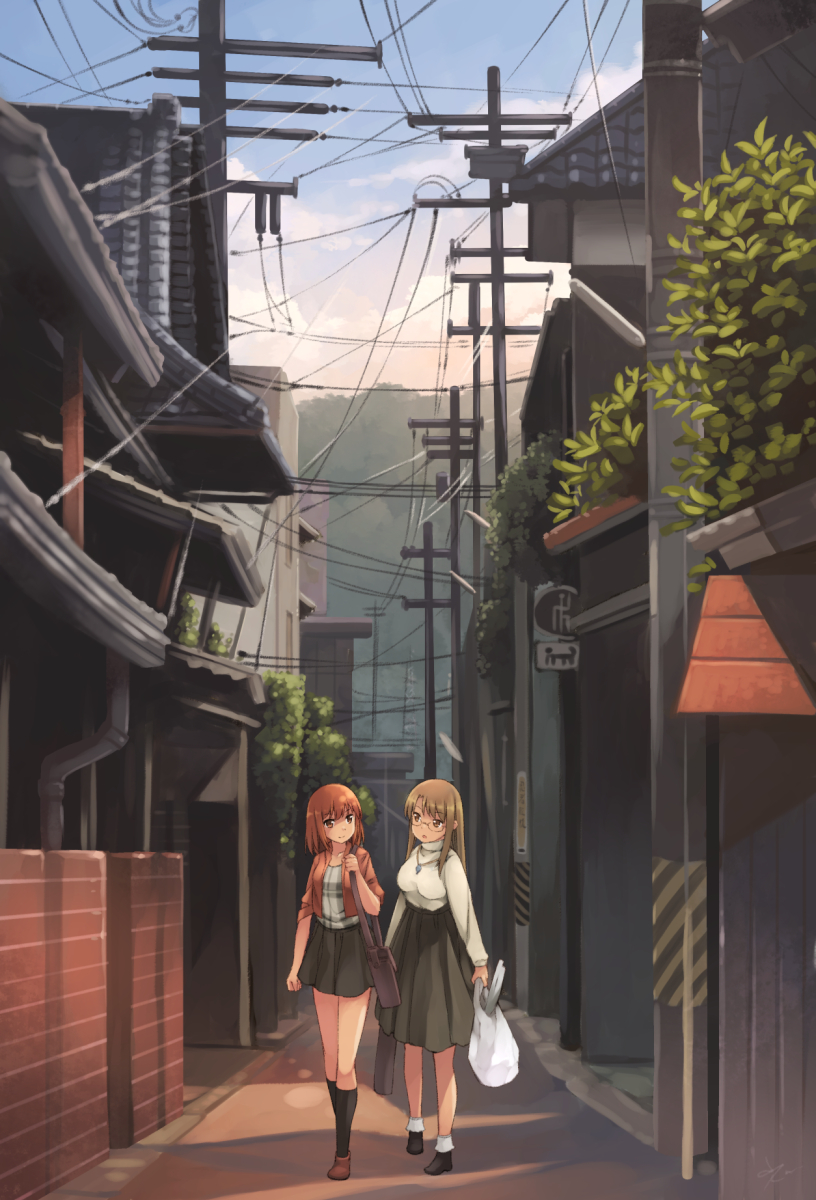 akatsuki_miho, bag, brown_eyes, brown_hair, clouds, glasses, highres, jewelry