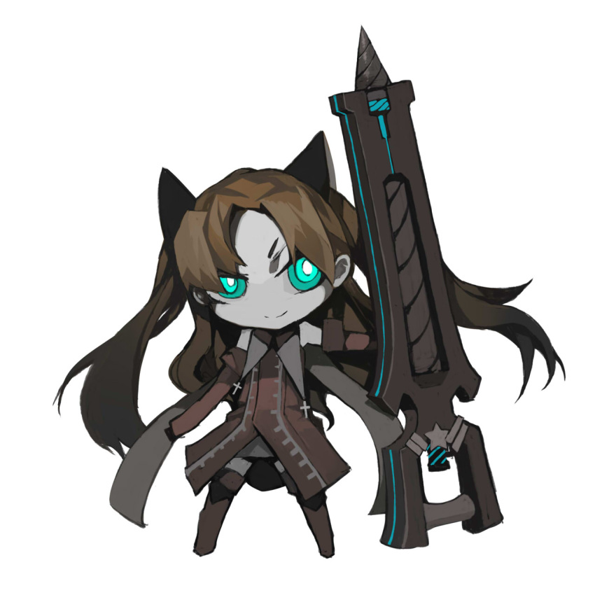 1girl, animal_ears, blue_eyes, brown_hair, cat_ears, chibi, drill, fate/hollow_ataraxia