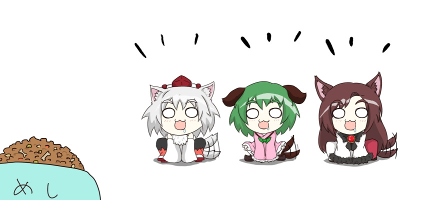 0_0, 3girls, animal_ears, brooch, brown_hair, detached_sleeves, dog_food, dress, drooling, frills, green_hair, hat, imaizumi_kagerou, inubashiri_momiji, jewelry, kasodani_kyouko, long_hair, long_sleeves, multiple_girls, open_mouth, saliva, silver_hair, sitting, tail, tail_wagging, tokin_hat, touhou, toys_(pixiv), white_background, wide_sleeves, wolf_ears, wolf_tail