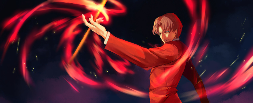 absurdres, blue_eyes, brown_hair, facial_hair, fate/zero, fate_(series), fire, formal