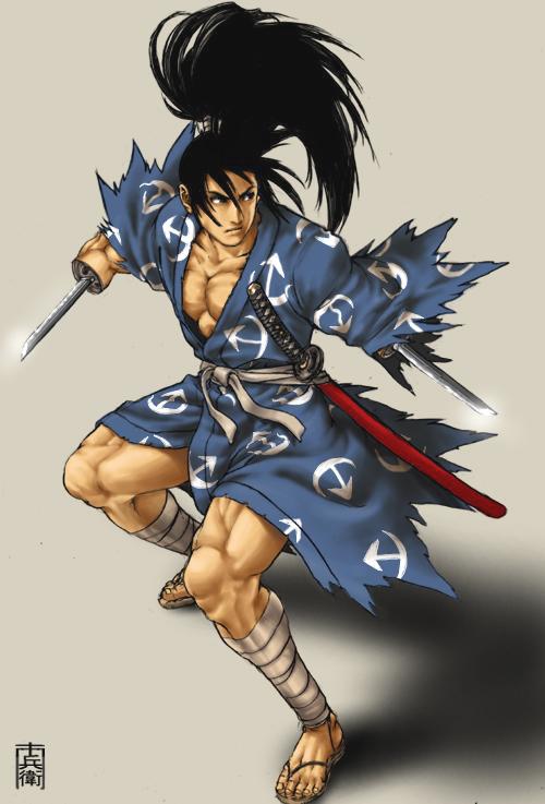 black_hair, dororo_(tezuka), hyakkimaru_(character), japanese_clothes, katana, male, muscle, ponytail