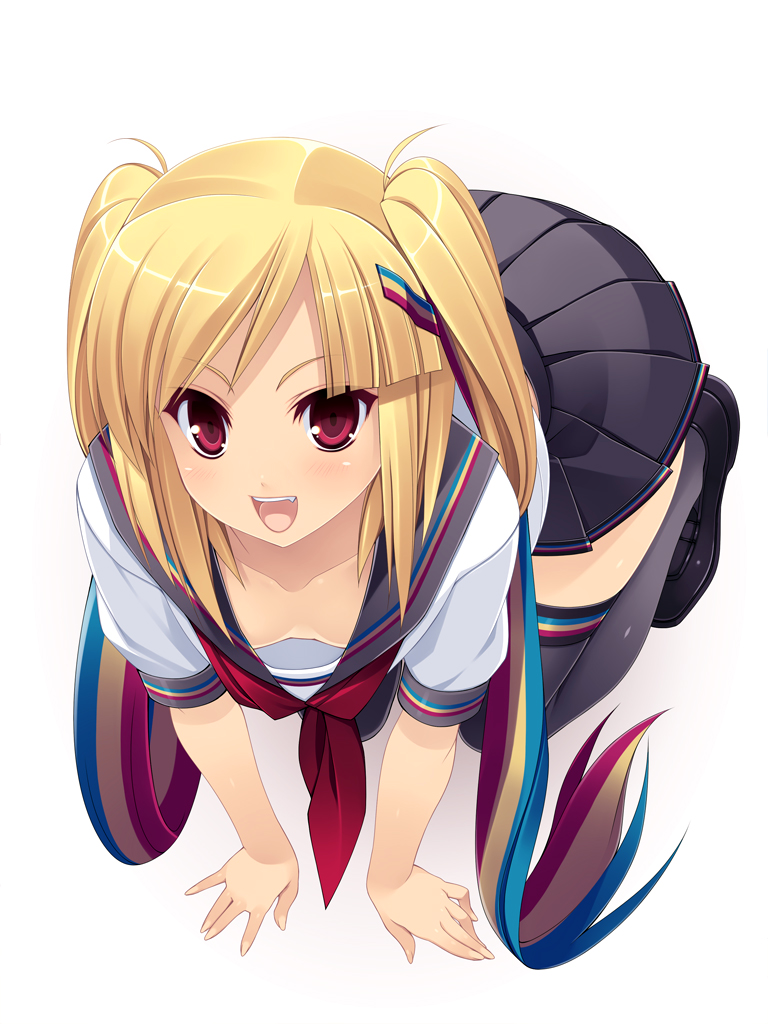 1girl, :d, all_fours, beatmania, beatmania_iidx, black_legwear, blonde_hair, breasts