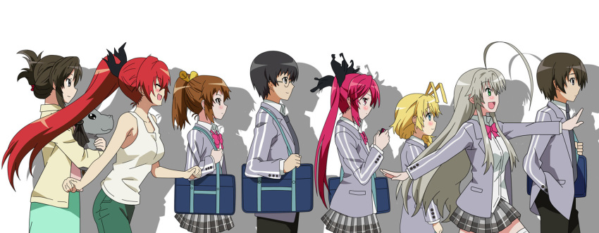 3boys, 5girls, ahoge, antenna_hair, bag, black_hair, blonde_hair, blue_eyes