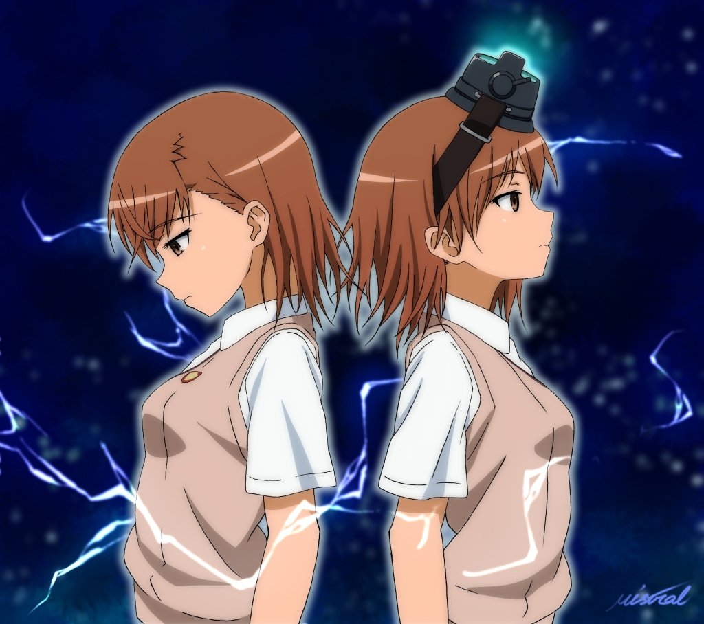 2girls, back-to-back, brown_eyes, brown_hair, electricity, head_mounted_display, miastral_violet, misaka_imouto, misaka_mikoto, multiple_girls, school_uniform, short_hair, to_aru_kagaku_no_railgun, to_aru_majutsu_no_index