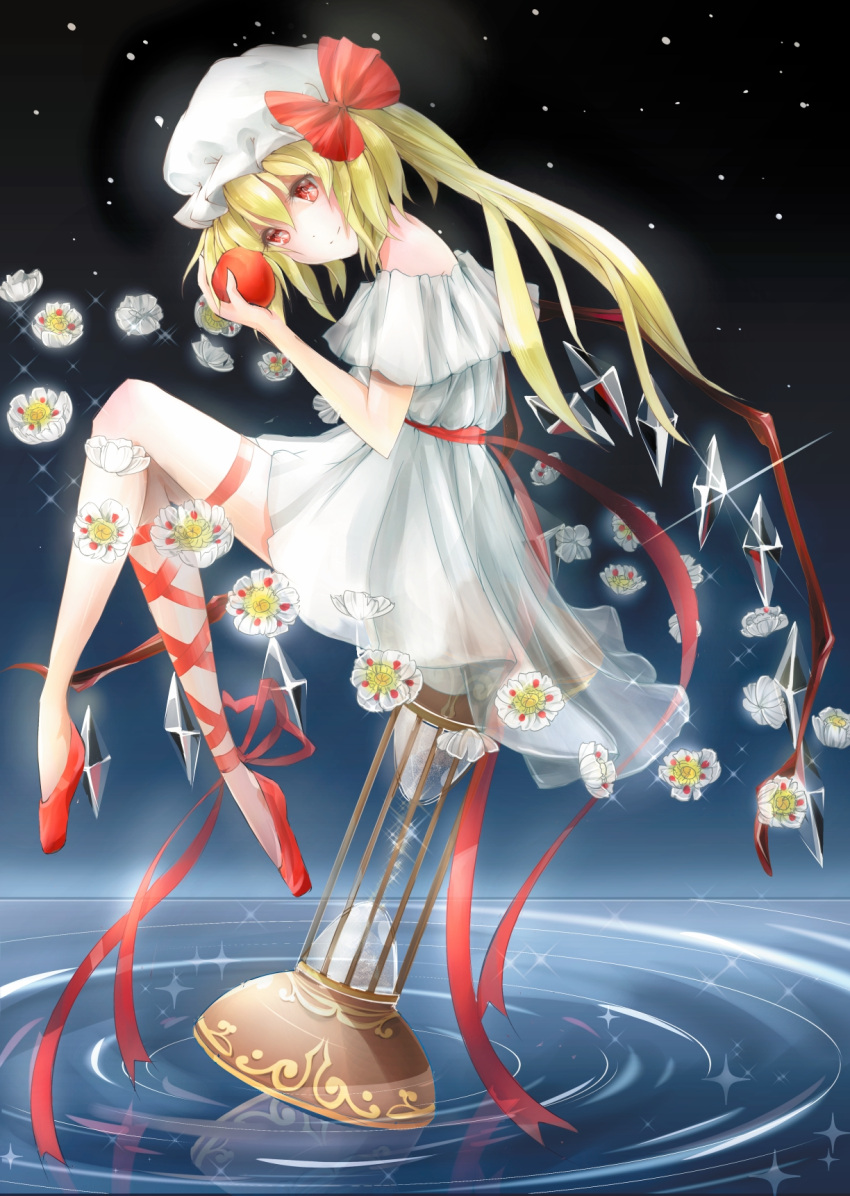 1girl, airbrush_(medium), apple, blonde_hair, darkness, dress, flandre_scarlet, flower, food, fruit, hat, hat_ribbon, highres, hourglass, leg_ribbon, light_particles, namari_(angelaqxi), pencil_crayon_(medium), red_eyes, red_shoes, reflection, ribbon, sash, see-through, shoes, side_ponytail, sitting, sitting_on_object, smile, solo, sparkle, touhou, traditional_media, watercolor_(medium), waves, white_dress, wings