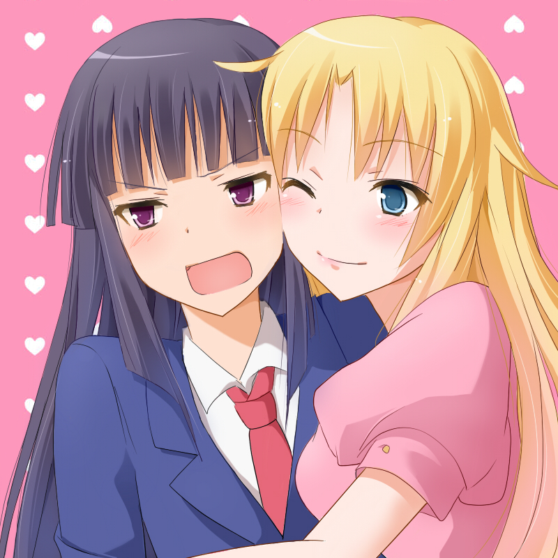 1boy, 1girl, akasaka_ryuunosuke, blonde_hair, blue_eyes, blush, heart, long_hair