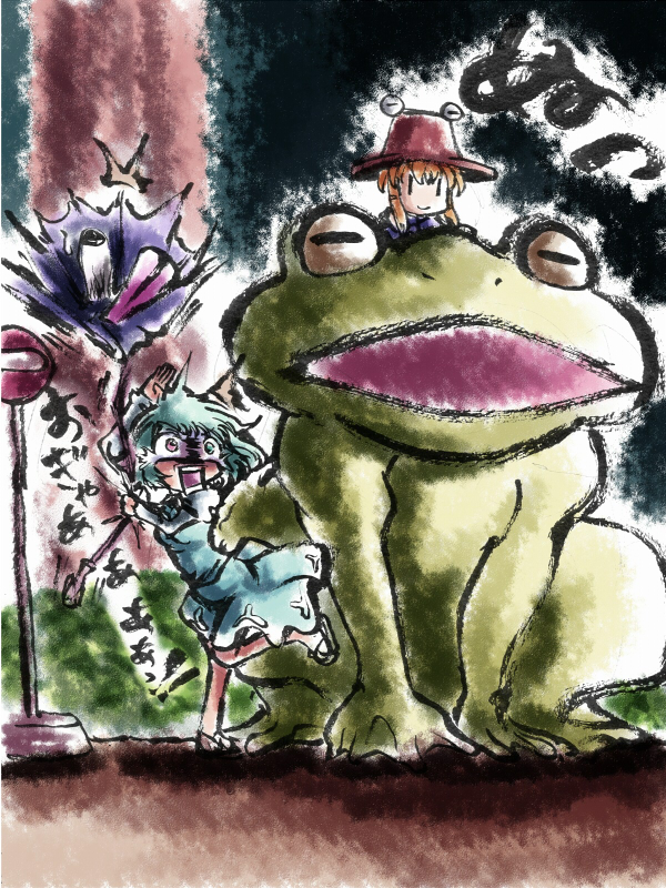 /\/\/\, 2girls, blonde_hair, blue_eyes, blue_hair, blush, frog, hair_ribbon, hat, heterochromia, karakasa_obake, moriya_suwako, muichi, multiple_girls, open_mouth, red_eyes, ribbon, road_sign, short_hair, sign, skirt, smile, surprised, tatara_kogasa, tongue, touhou, umbrella, |_|