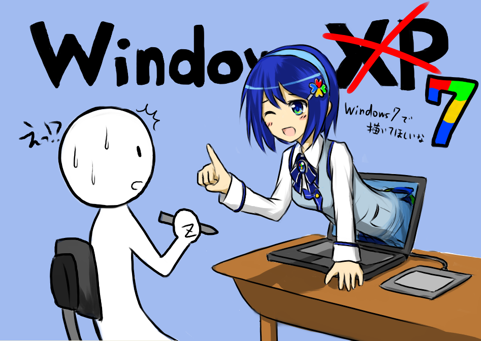 7-tan, blue_hair, hair_ornament, hairclip, notebook, translation_request, windows, zetto