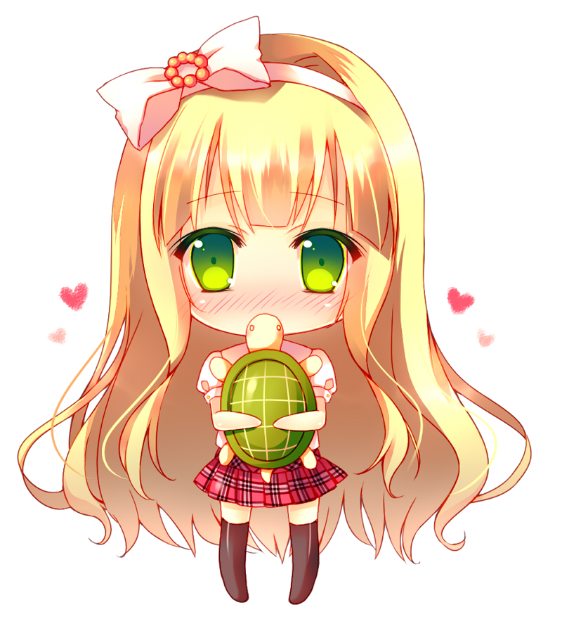 1girl, azuki_azusa, blonde_hair, blush, bow, chibi, green_eyes, hair_bow