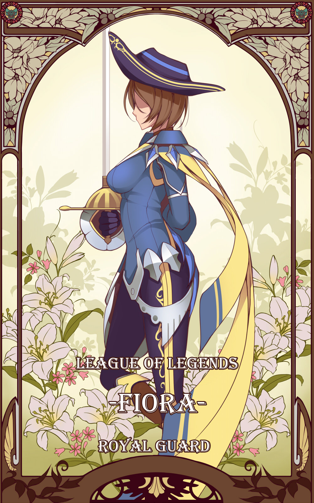 1girl, arm_behind_back, brown_hair, dean, fiora_laurent, hat, highres, league_of_legends