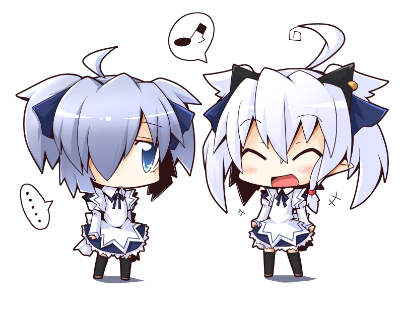 ..., 2girls, ahoge, blue_eyes, blue_hair, blush, chibi, closed_eyes