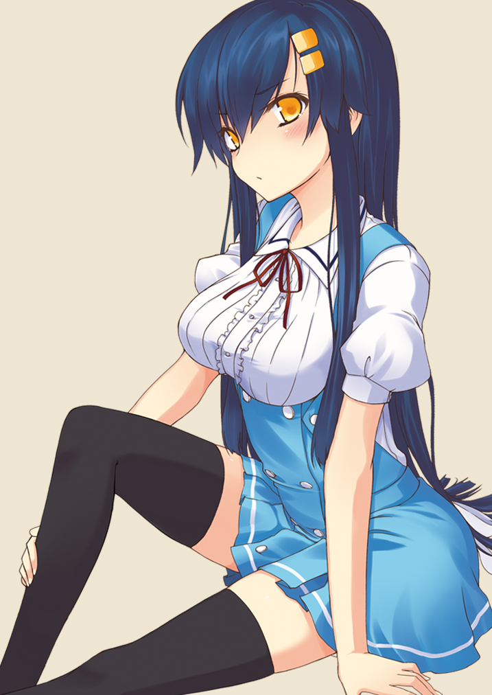 1girl, black_legwear, blue_hair, blush, breasts, hair_ornament, hairclip, kodou_tamaki