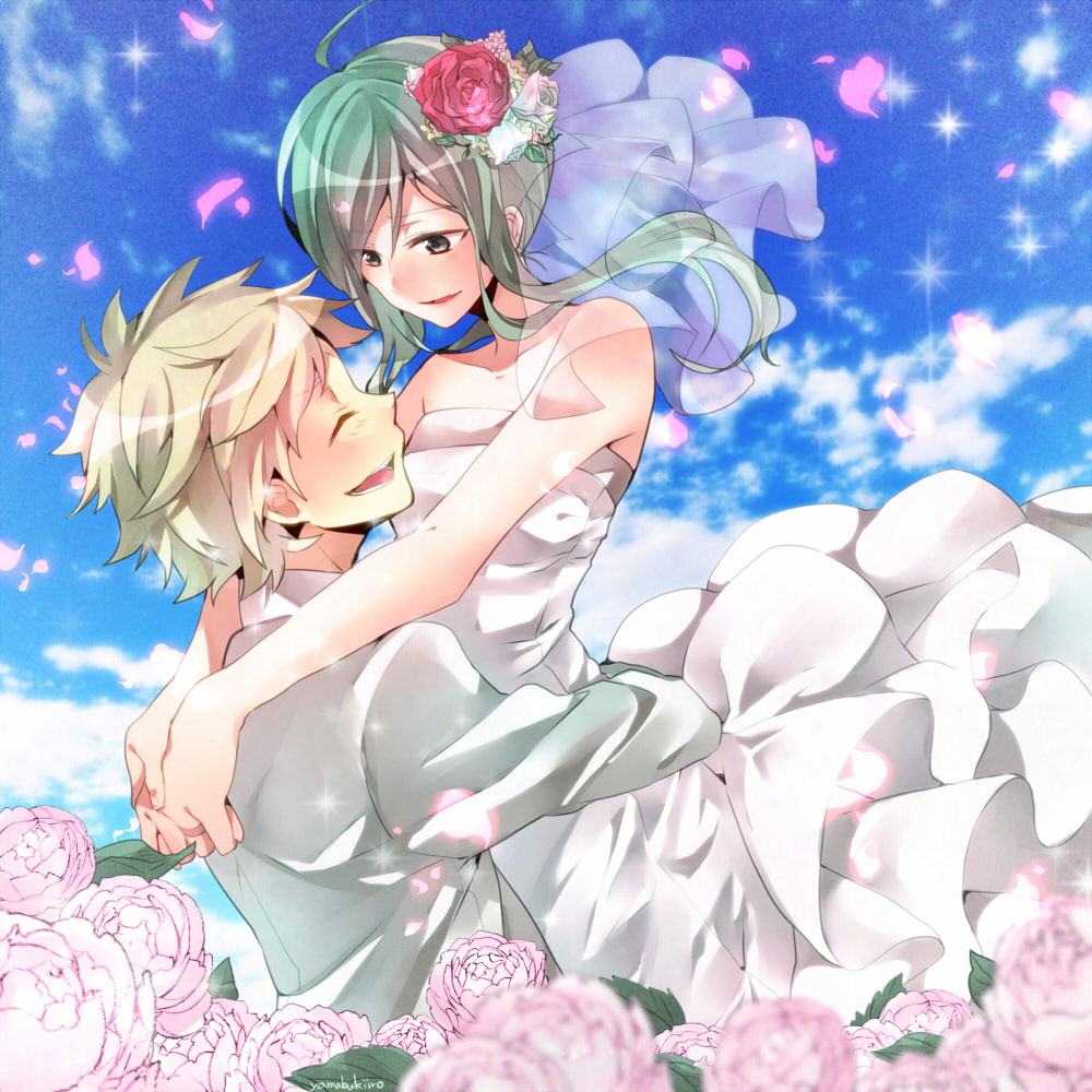 brown_hair, couple, dress, flower, green_hair, hetero, kagerou_project, kano_(kagerou_project), kido_(kagerou_project), nyapui, short_hair, smile, wedding_dress