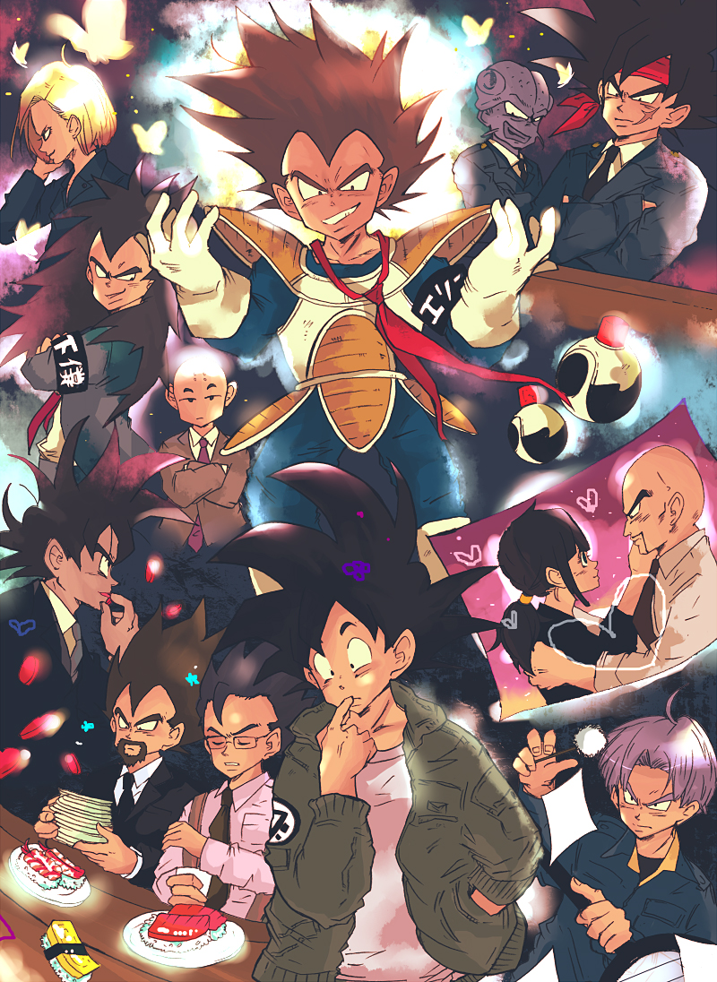 android_18, bad_id, bald, bardock, beard, black_hair, casual, chi-chi_(dragon_ball)